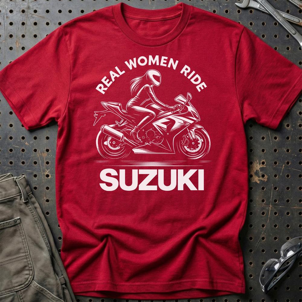 Suzuki Real Women Ride Suzuki - Unisex T-Shirt , Bomuld-Beklædning-Suzuki-Rød-S-Garage Culture Shop- garage - man cave - merchandise