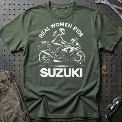 Suzuki Real Women Ride Suzuki - Unisex T-Shirt , Bomuld-Beklædning-Suzuki-Grøn Militær-S-Garage Culture Shop- garage - man cave - merchandise