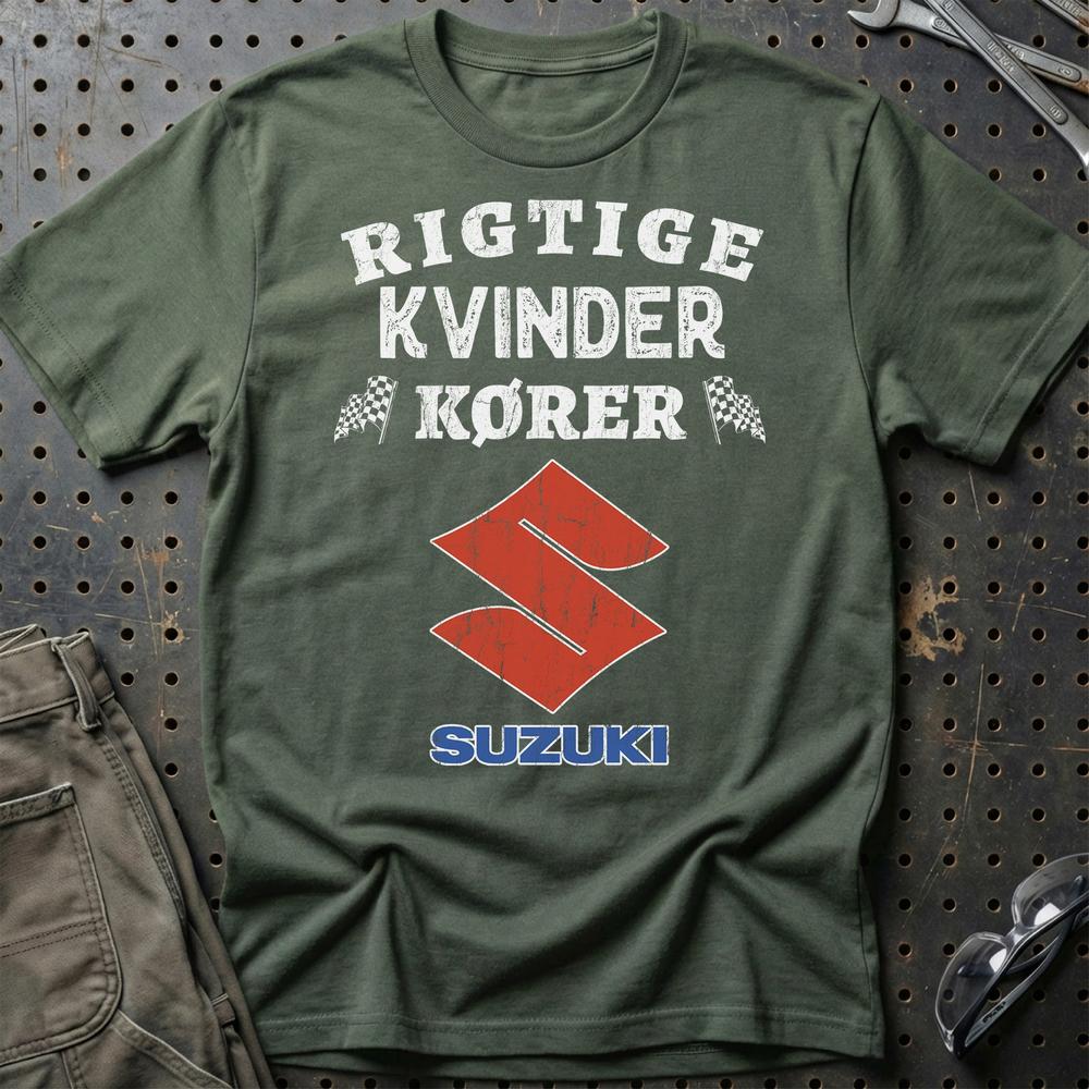 Suzuki Rigtige Kvinder Kører T-Shirt-Beklædning-Suzuki-Grøn Militær-S-Garage Culture Shop- garage - man cave - merchandise
