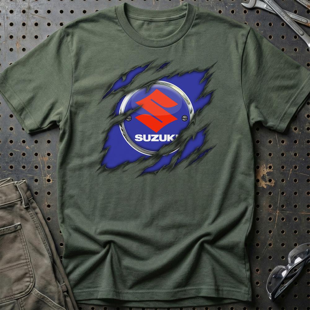 Suzuki Ripped T-Shirt-Beklædning-Suzuki-Grøn Militær-S-Garage Culture Shop- garage - man cave - merchandise