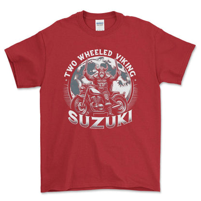 Suzuki Two Wheeled Viking Rides Suzuki - Unisex T-Shirt , Bomuld-Beklædning-Suzuki-Rød-S-Forside-Garage Culture Shop- garage - man cave - merchandise