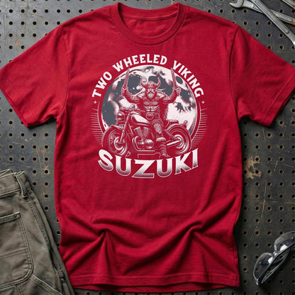 Suzuki Two Wheeled Viking Rides Suzuki - Unisex T-Shirt , Bomuld-Beklædning-Suzuki-Rød-S-Garage Culture Shop- garage - man cave - merchandise
