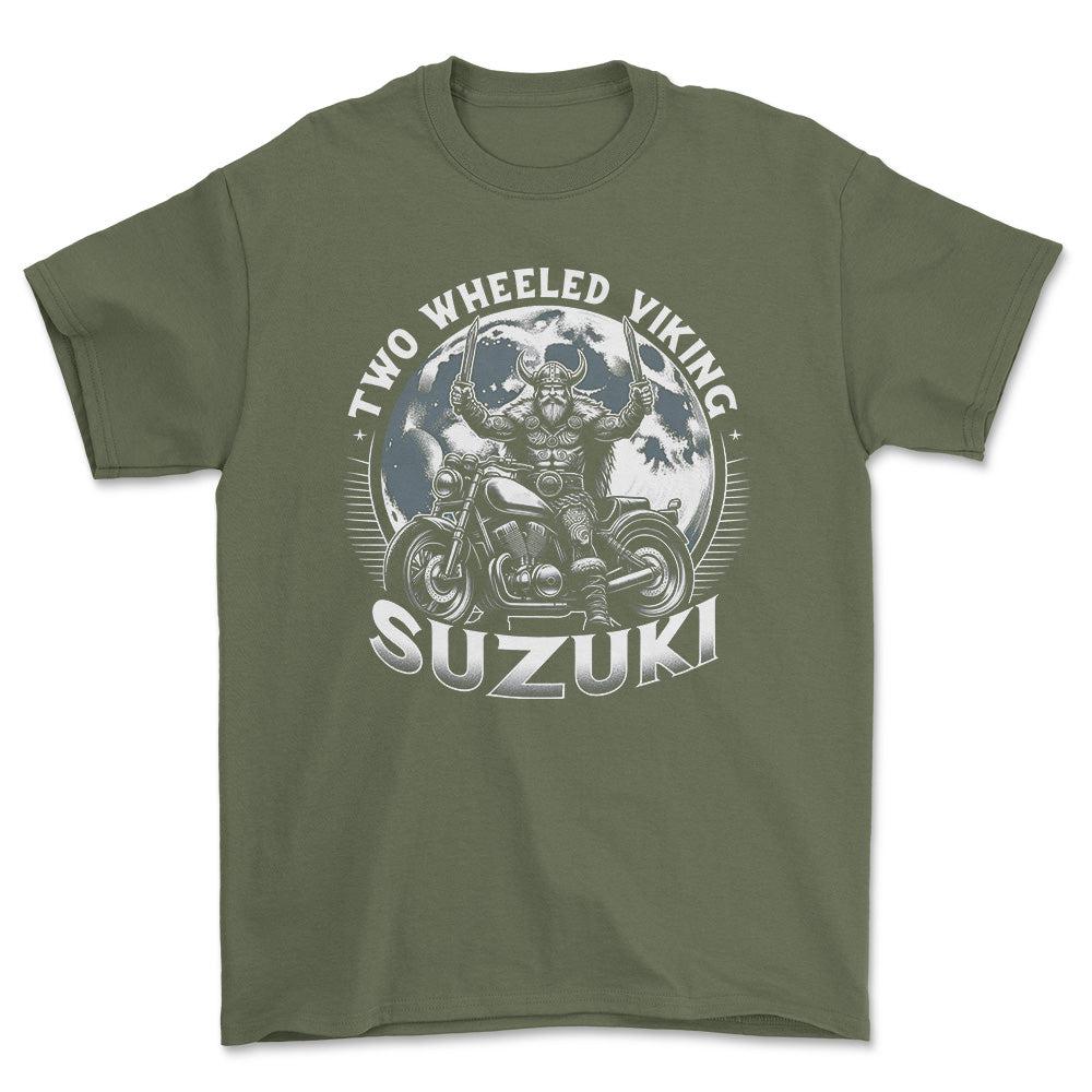 Suzuki Two Wheeled Viking Rides Suzuki - Unisex T-Shirt , Bomuld-Beklædning-Suzuki-Grøn Militær-S-Forside-Garage Culture Shop- garage - man cave - merchandise