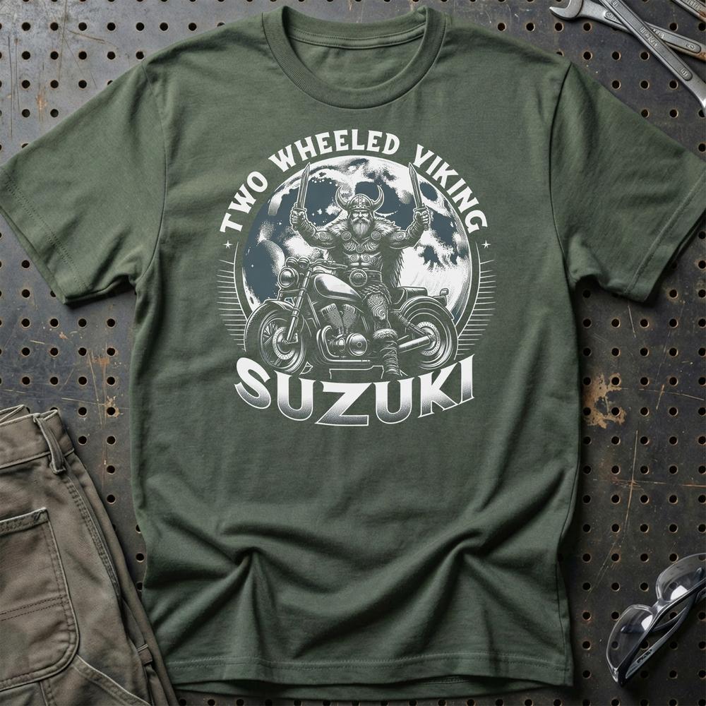 Suzuki Two Wheeled Viking Rides Suzuki - Unisex T-Shirt , Bomuld-Beklædning-Suzuki-Grøn Militær-S-Garage Culture Shop- garage - man cave - merchandise