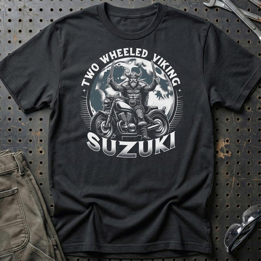 Suzuki Two Wheeled Viking Rides Suzuki - Unisex T-Shirt , Bomuld-Beklædning-Suzuki-Sort-S-Garage Culture Shop- garage - man cave - merchandise