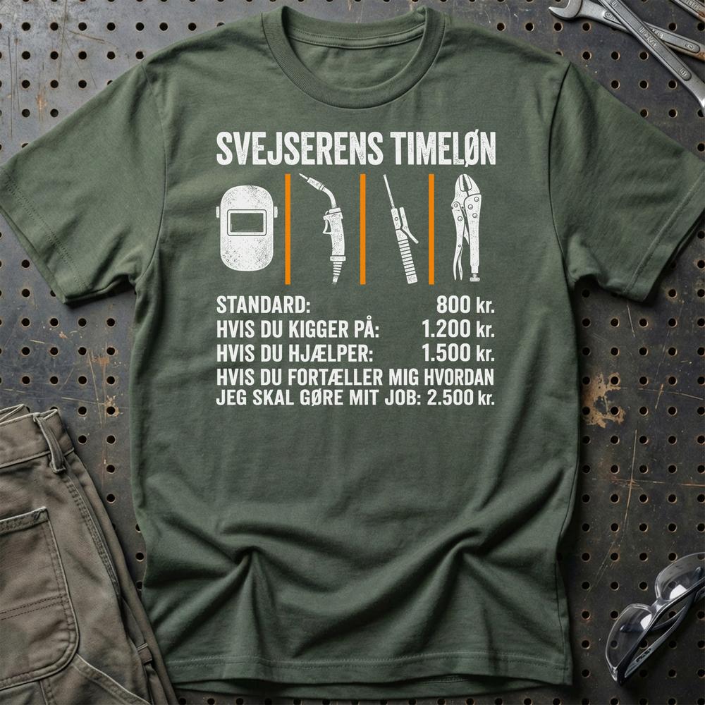 Svejserens Timeløn - Unisex T-Shirt , Bomuld-Beklædning-Garage Culture-Grøn Militær-S-Garage Culture Shop- garage - man cave - merchandise