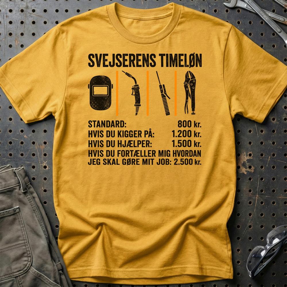 Svejserens Timeløn - Unisex T-Shirt , Bomuld-Beklædning-Garage Culture-Guld-S-Garage Culture Shop- garage - man cave - merchandise