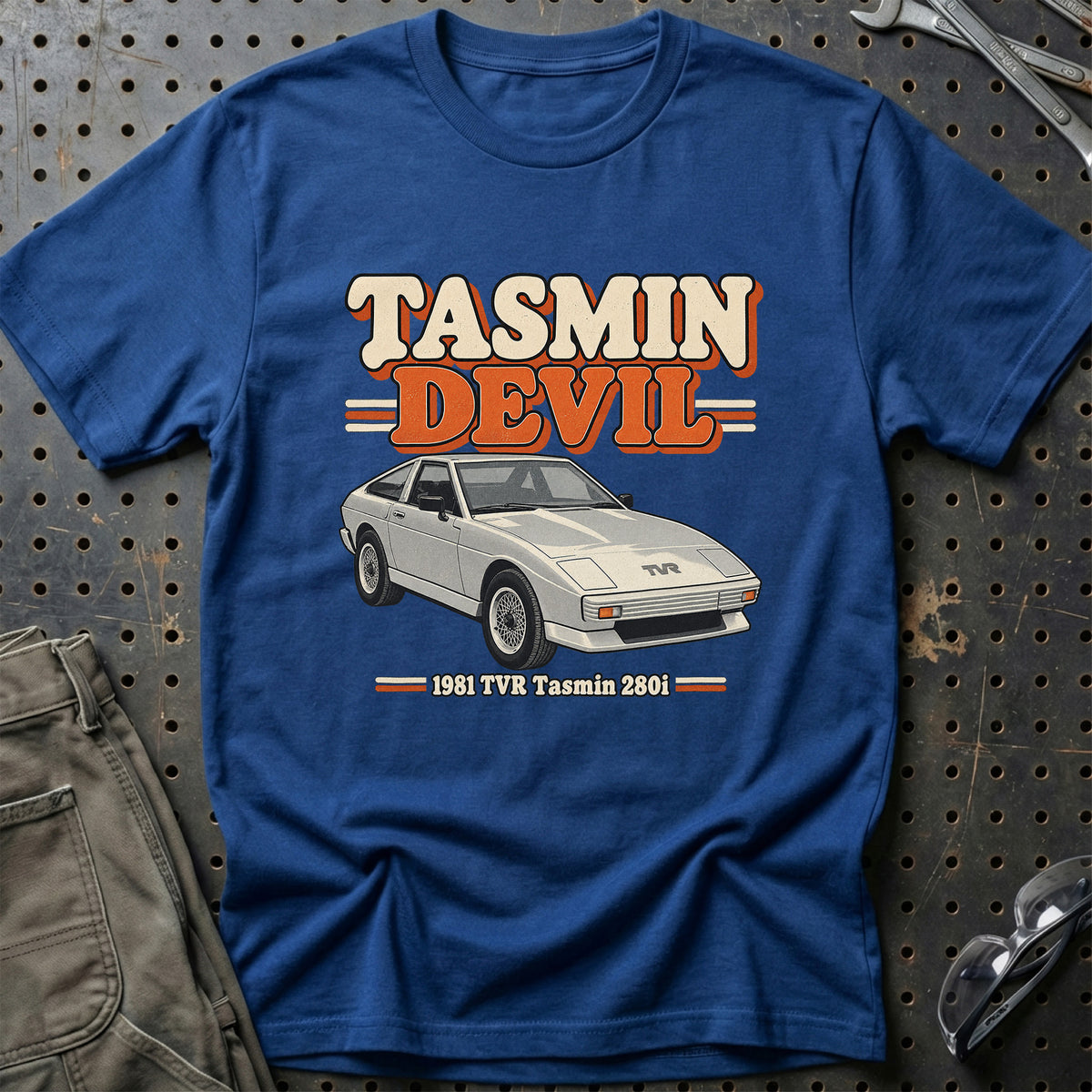
TVR Tasmin 280i 1981 – Tasmin Devil T-Shirt – Blå Royal
