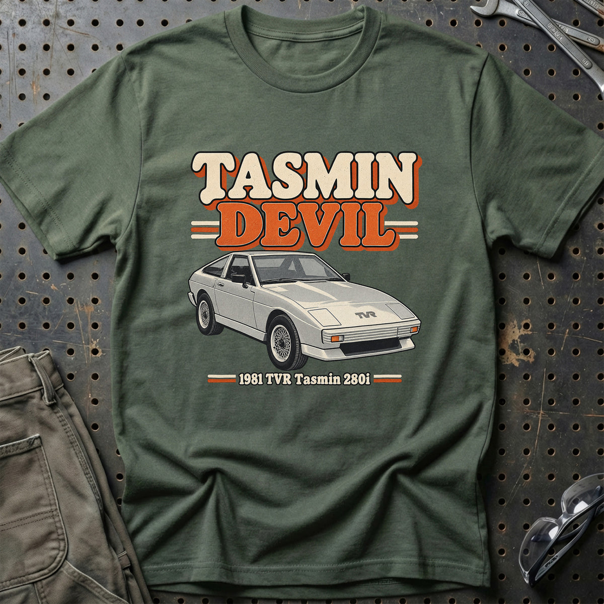 
TVR Tasmin 280i 1981 – Tasmin Devil T-Shirt – Grøn Militær