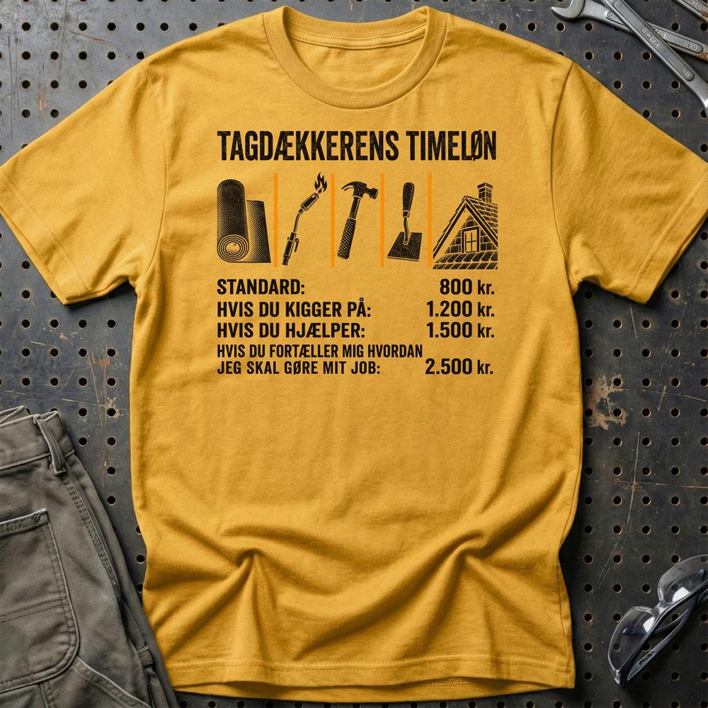 Tagdækkerens Timeløn - Unisex T-Shirt , Bomuld-Beklædning-Garage Culture-Guld-S-Garage Culture Shop- garage - man cave - merchandise