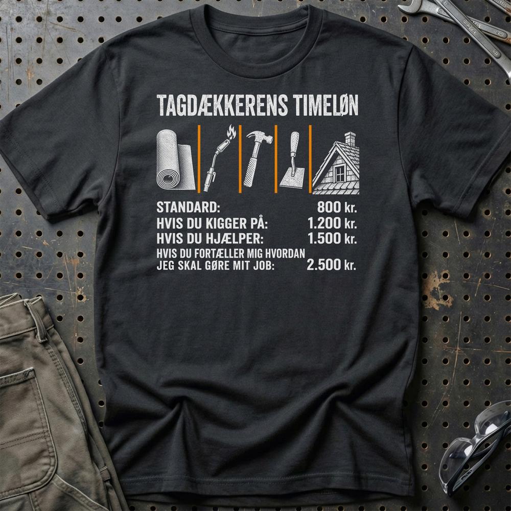 Tagdækkerens Timeløn - Unisex T-Shirt , Bomuld-Beklædning-Garage Culture-Sort-S-Garage Culture Shop- garage - man cave - merchandise