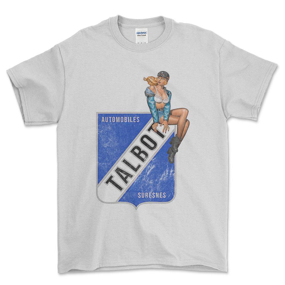 Talbot Pinup - Unisex T-Shirt , Bomuld-Beklædning-Talbot-Hvid-S-Forside-Garage Culture Shop- garage - man cave - merchandise