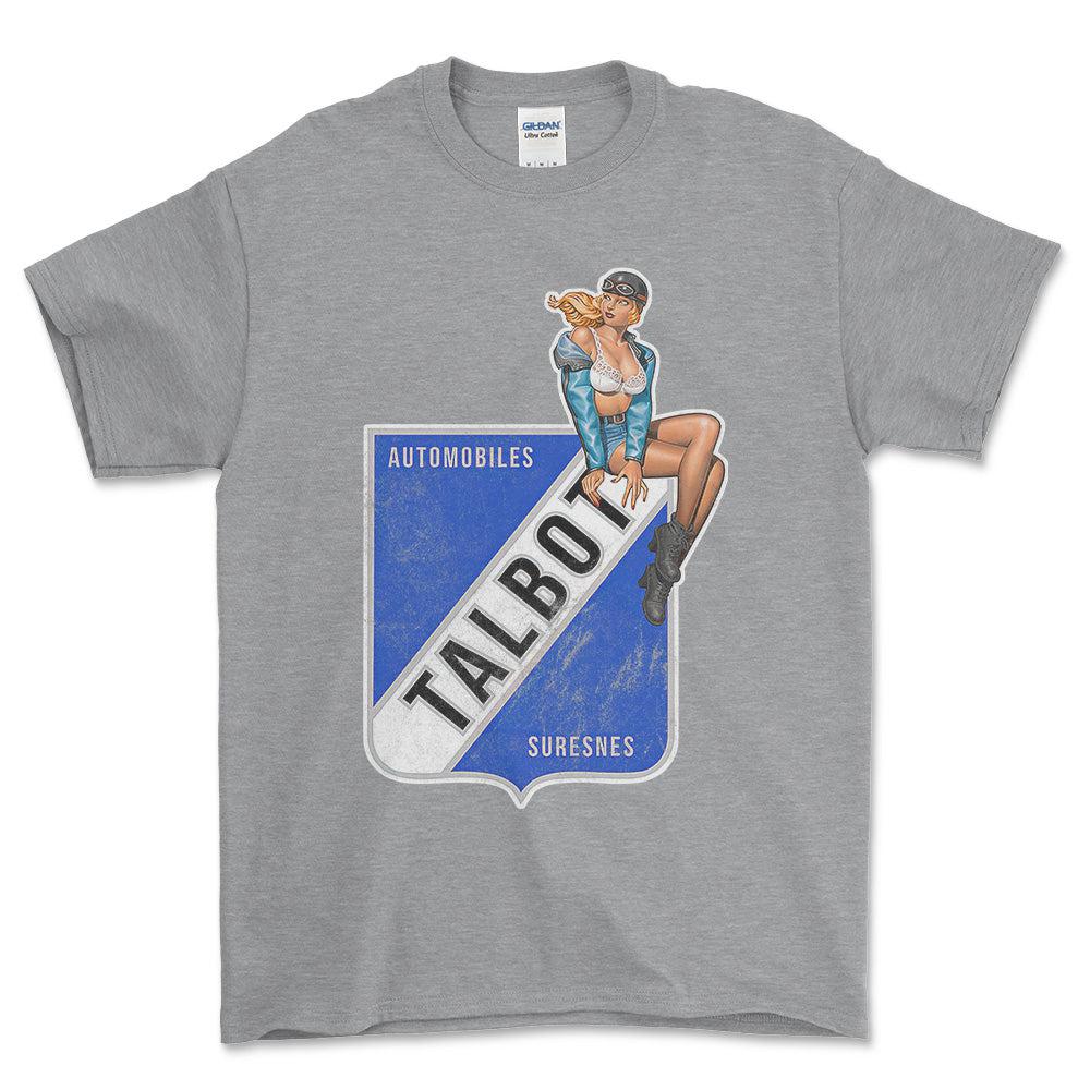 Talbot Pinup - Unisex T-Shirt , Bomuld-Beklædning-Talbot-Grå Sport-S-Forside-Garage Culture Shop- garage - man cave - merchandise