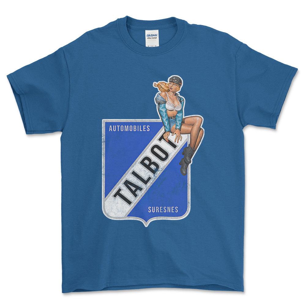 Talbot Pinup - Unisex T-Shirt , Bomuld-Beklædning-Talbot-Blå Royal-S-Forside-Garage Culture Shop- garage - man cave - merchandise