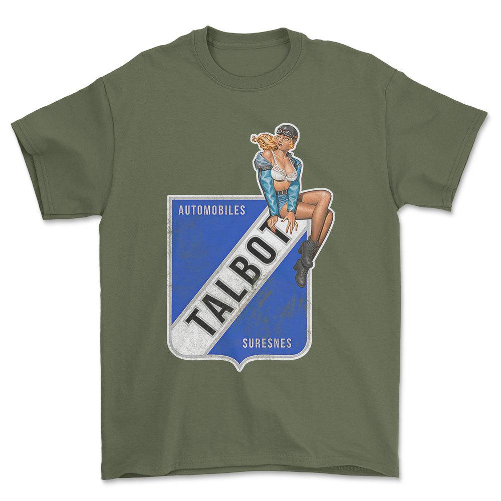 Talbot Pinup - Unisex T-Shirt , Bomuld-Beklædning-Talbot-Grøn Militær-S-Forside-Garage Culture Shop- garage - man cave - merchandise