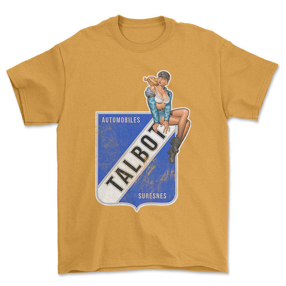 Talbot Pinup - Unisex T-Shirt , Bomuld-Beklædning-Talbot-Guld-S-Forside-Garage Culture Shop- garage - man cave - merchandise