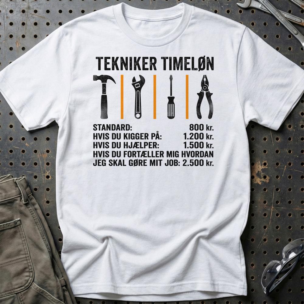 Tekniker Timeløn - Unisex T-Shirt , Bomuld-Beklædning-Garage Culture-Hvid-S-Garage Culture Shop- garage - man cave - merchandise