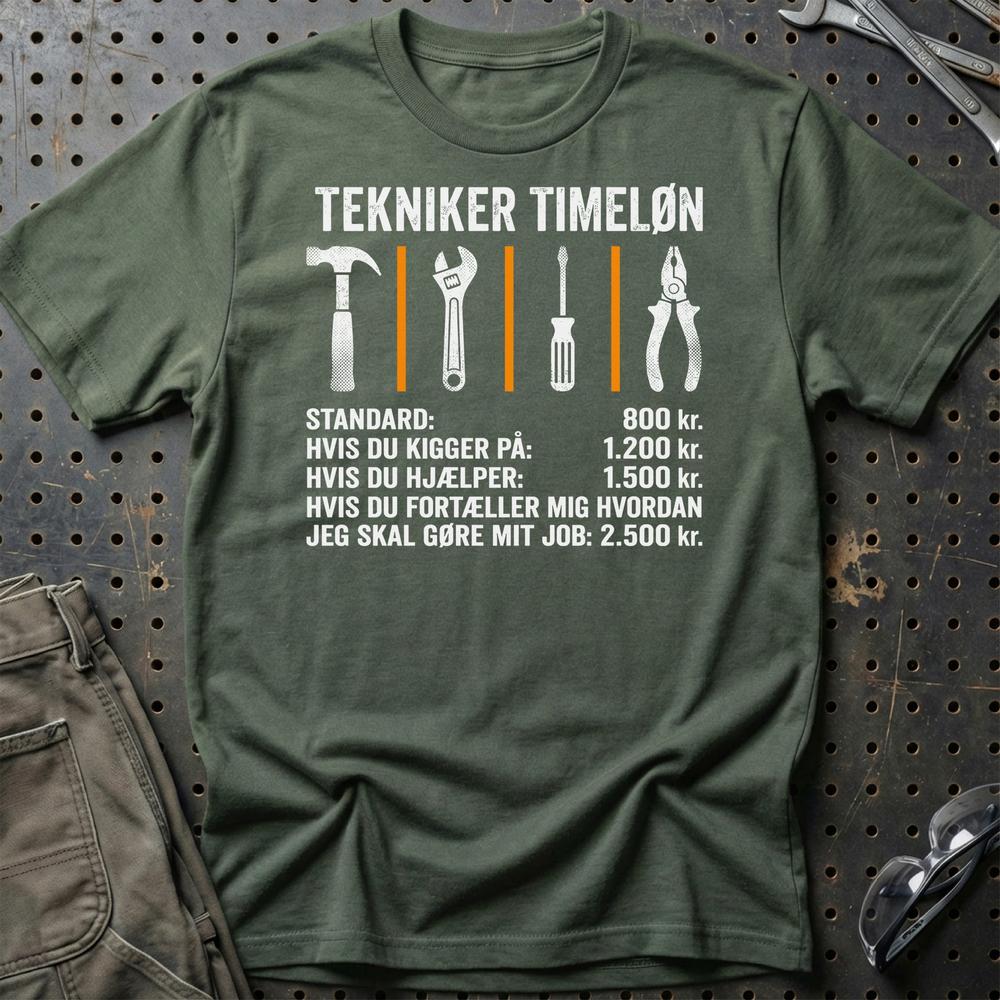 Tekniker Timeløn - Unisex T-Shirt , Bomuld-Beklædning-Garage Culture-Grøn Militær-S-Garage Culture Shop- garage - man cave - merchandise
