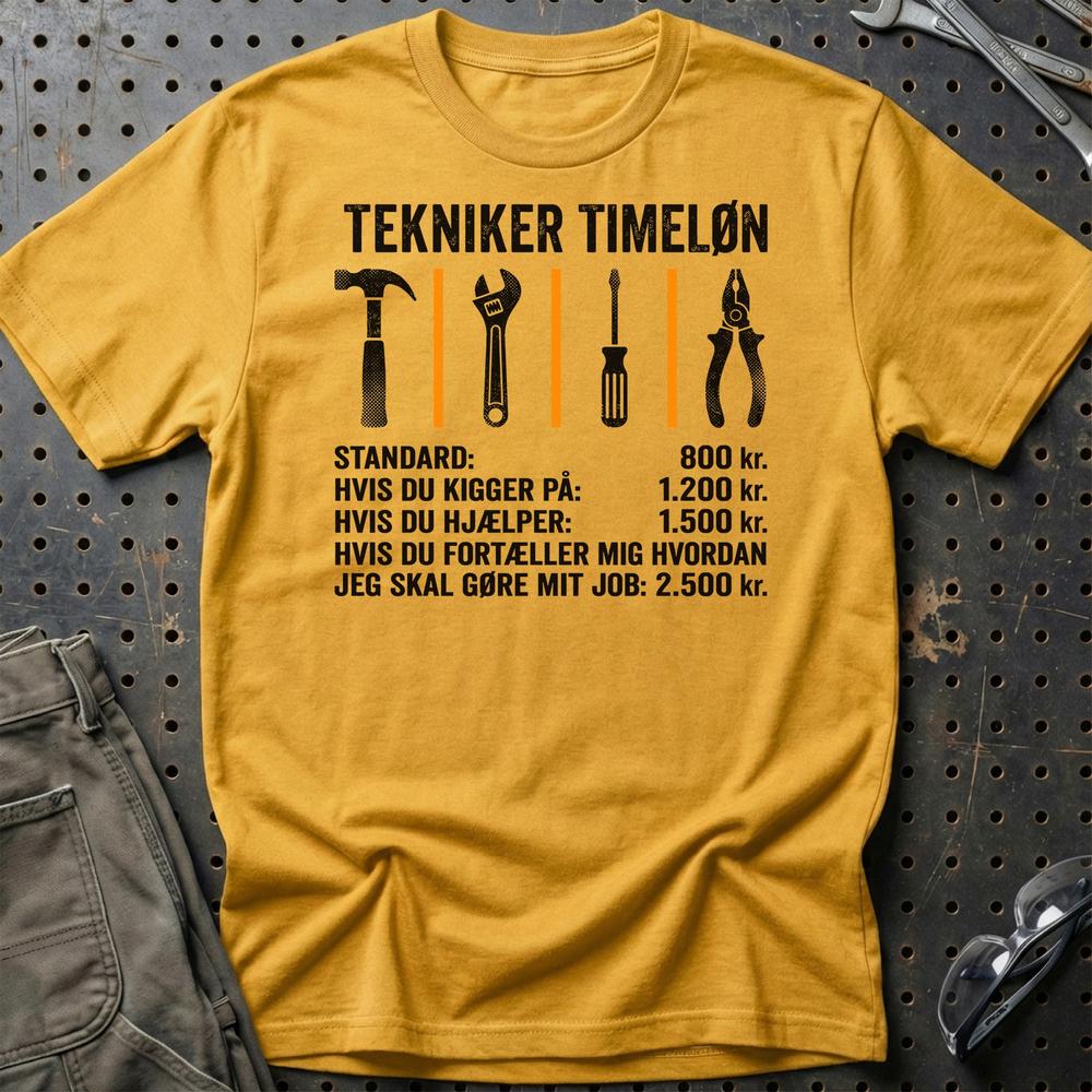 Tekniker Timeløn - Unisex T-Shirt , Bomuld-Beklædning-Garage Culture-Guld-S-Garage Culture Shop- garage - man cave - merchandise
