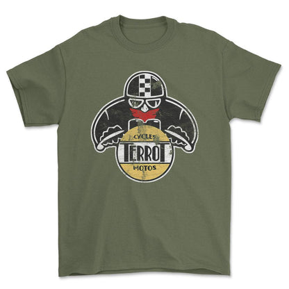 Terrot Biker Vintage Style Unisex T-Shirt , Bomuld-Beklædning-Terrot-Grøn Militær-S-Forside-Garage Culture Shop- garage - man cave - merchandise