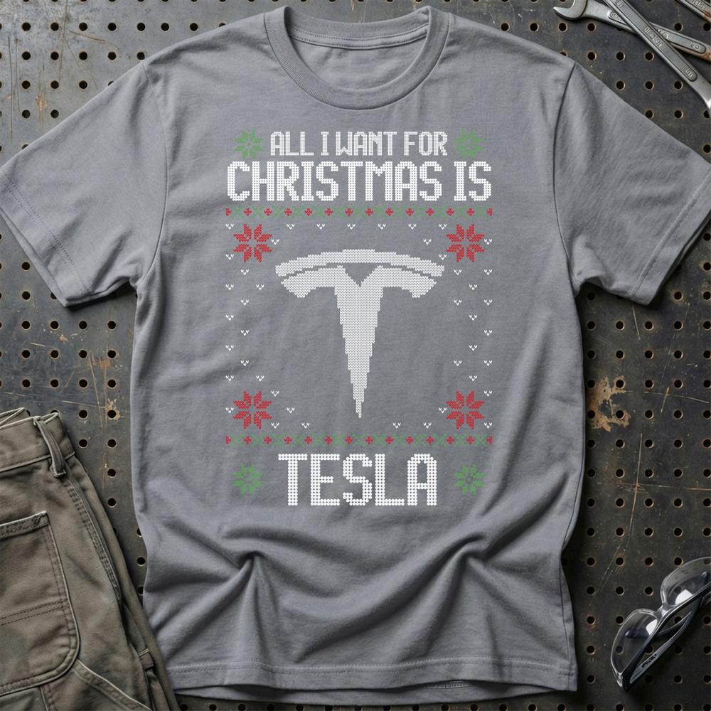 Tesla - All I Want For Christmas T-Shirt-Beklædning-Tesla-Grå Sport-S-Garage Culture Shop- garage - man cave - merchandise