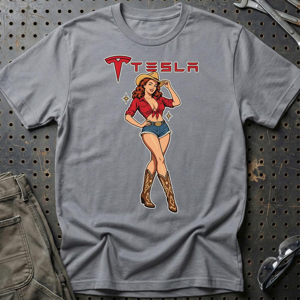 Tesla Cowboy Pinup T-Shirt-Beklædning-Tesla-Grå Sport-S-Garage Culture Shop- garage - man cave - merchandise