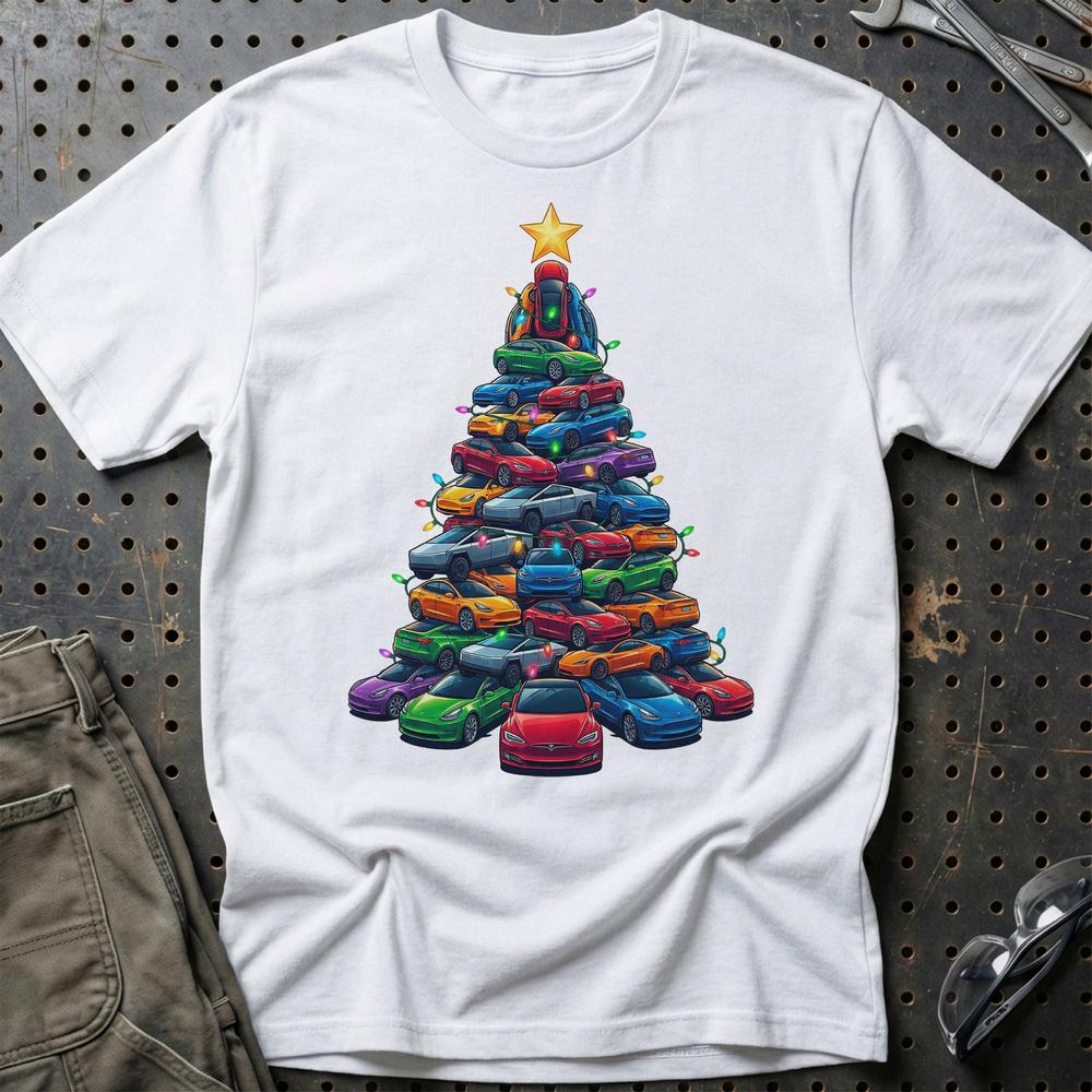 Tesla Juletræ Christmas Tree T-Shirt-Beklædning-Tesla-Hvid-S-Garage Culture Shop- garage - man cave - merchandise