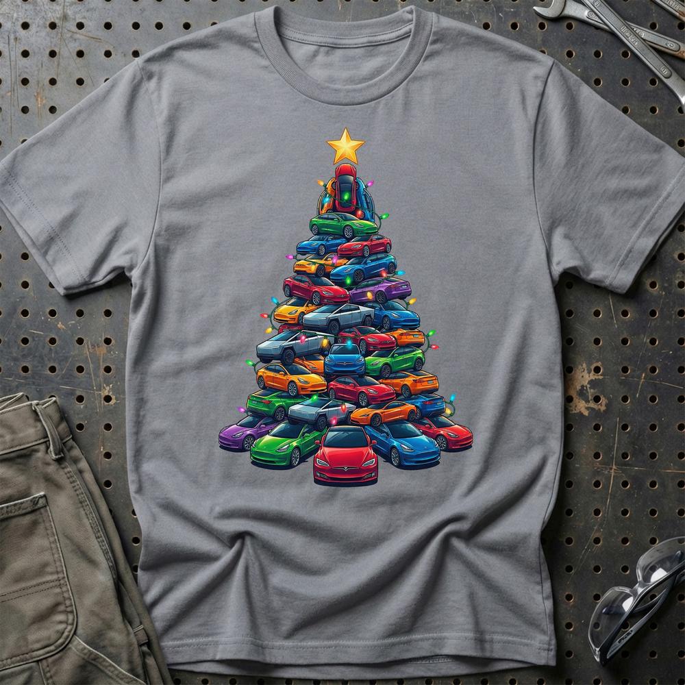 Tesla Juletræ Christmas Tree T-Shirt-Beklædning-Tesla-Grå Sport-S-Garage Culture Shop- garage - man cave - merchandise