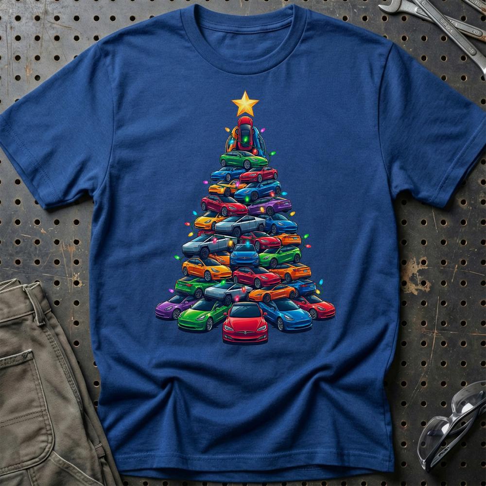 Tesla Juletræ Christmas Tree T-Shirt-Beklædning-Tesla-Blå Royal-S-Garage Culture Shop- garage - man cave - merchandise