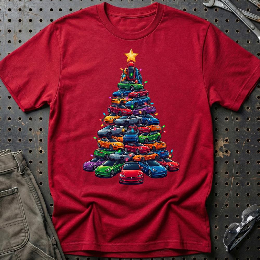 Tesla Juletræ Christmas Tree T-Shirt-Beklædning-Tesla-Rød-S-Garage Culture Shop- garage - man cave - merchandise