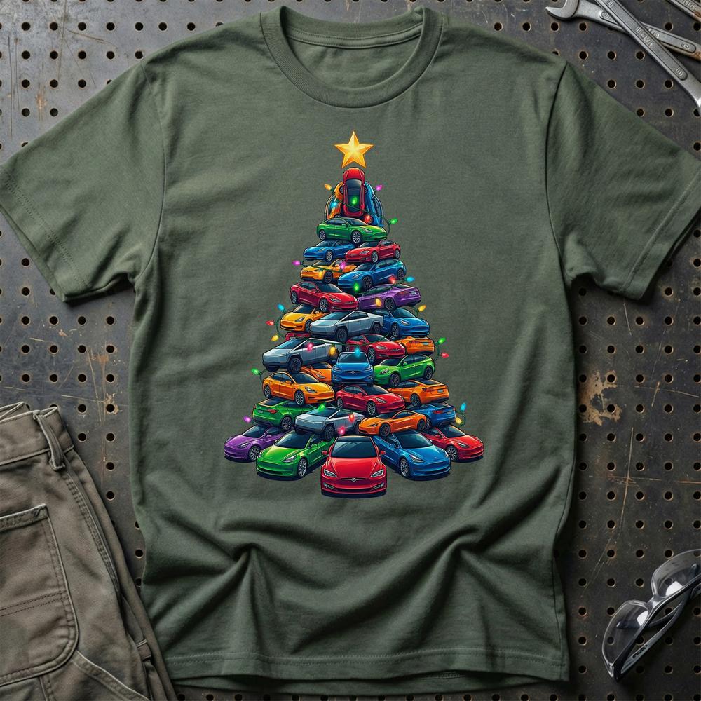 Tesla Juletræ Christmas Tree T-Shirt-Beklædning-Tesla-Grøn Militær-S-Garage Culture Shop- garage - man cave - merchandise