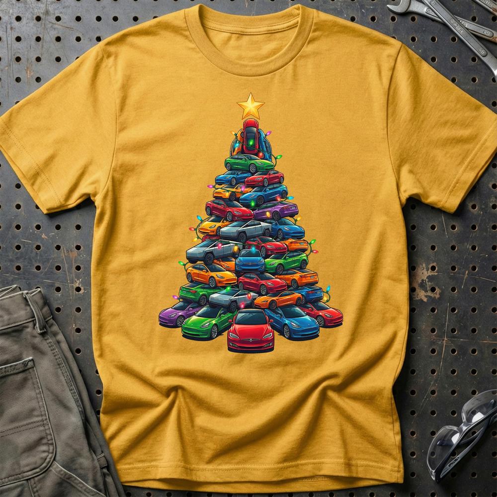 Tesla Juletræ Christmas Tree T-Shirt-Beklædning-Tesla-Guld-S-Garage Culture Shop- garage - man cave - merchandise