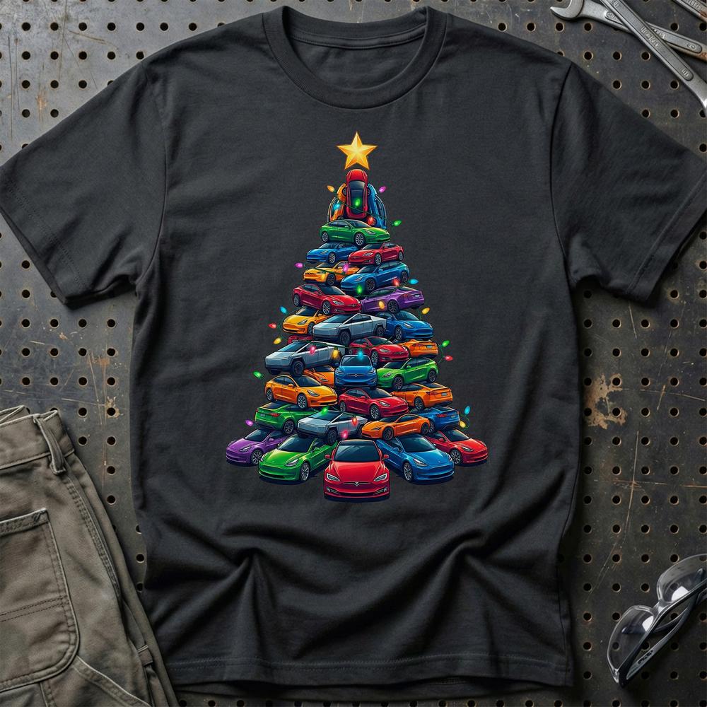 Tesla Juletræ Christmas Tree T-Shirt-Beklædning-Tesla-Sort-S-Garage Culture Shop- garage - man cave - merchandise
