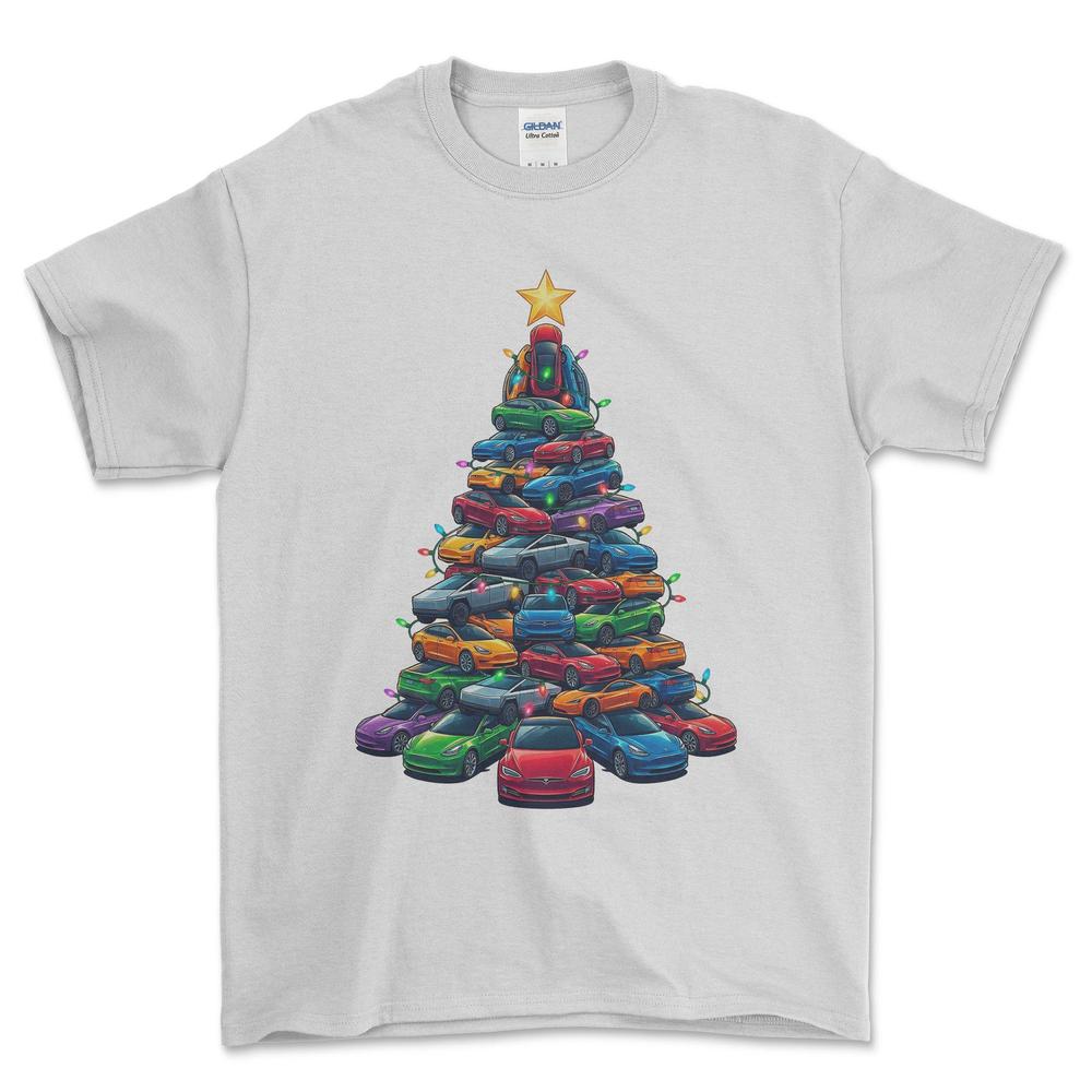 Tesla Juletræ Christmas Tree - Unisex T-Shirt-Beklædning-Tesla-Hvid-S-Forside-Garage Culture Shop- garage - man cave - merchandise