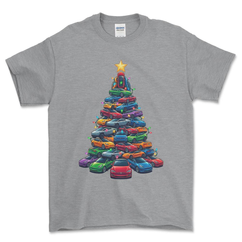 Tesla Juletræ Christmas Tree - Unisex T-Shirt-Beklædning-Tesla-Grå Sport-S-Forside-Garage Culture Shop- garage - man cave - merchandise