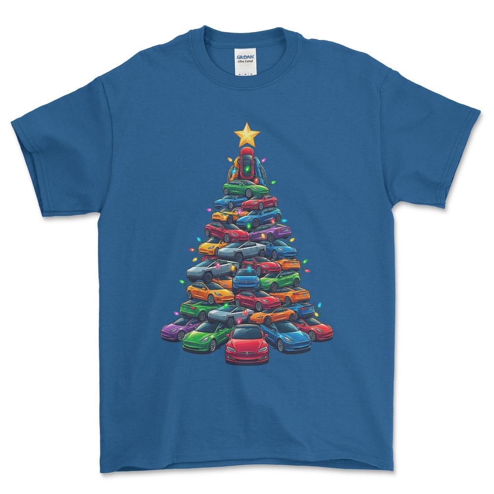 Tesla Juletræ Christmas Tree - Unisex T-Shirt-Beklædning-Tesla-Blå Royal-S-Forside-Garage Culture Shop- garage - man cave - merchandise
