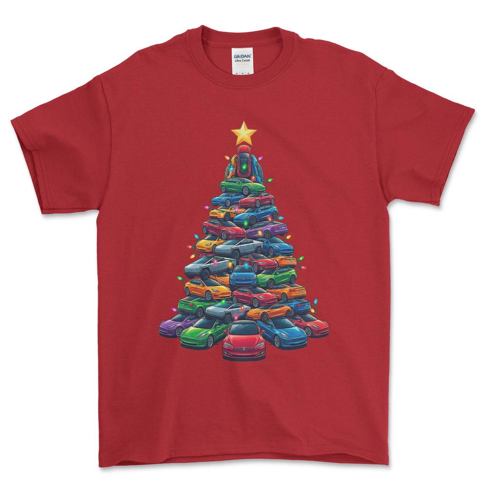 Tesla Juletræ Christmas Tree - Unisex T-Shirt-Beklædning-Tesla-Rød-S-Forside-Garage Culture Shop- garage - man cave - merchandise