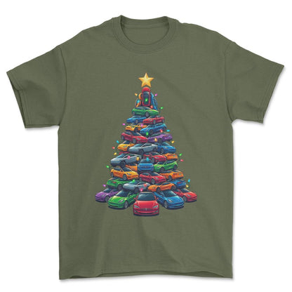 Tesla Juletræ Christmas Tree - Unisex T-Shirt-Beklædning-Tesla-Grøn Militær-S-Forside-Garage Culture Shop- garage - man cave - merchandise
