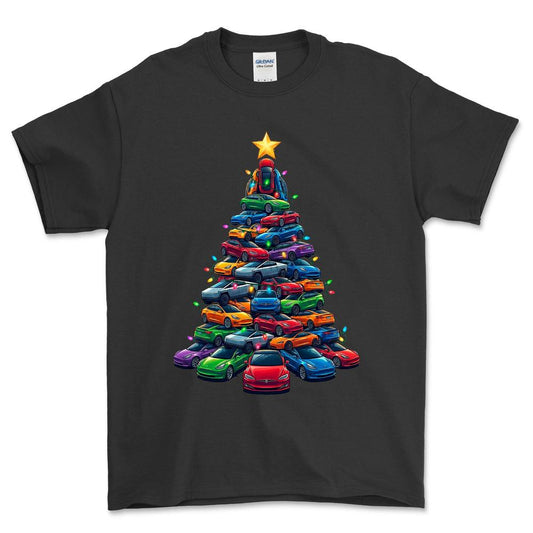 Tesla Juletræ Christmas Tree - Unisex T-Shirt-Beklædning-Tesla-Sort-S-Forside-Garage Culture Shop- garage - man cave - merchandise