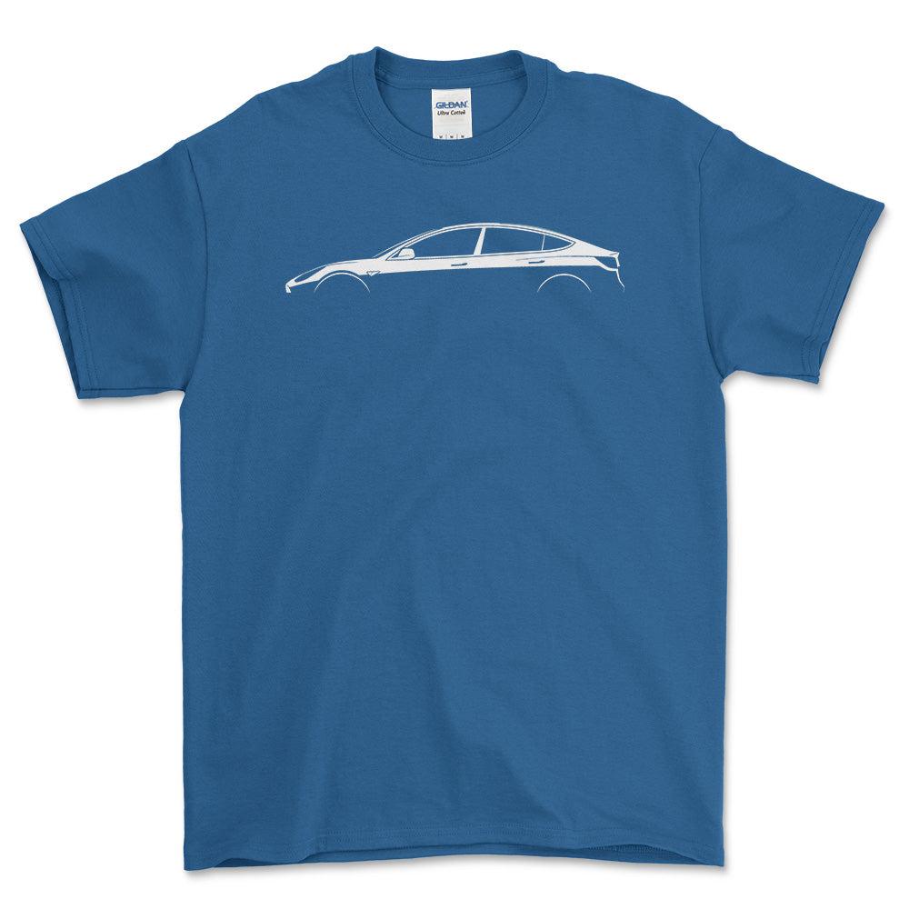 Tesla Model 3 Silhuet - Unisex T-Shirt , Bomuld-Beklædning-Tesla-Blå Royal-S-Forside-Garage Culture Shop- garage - man cave - merchandise