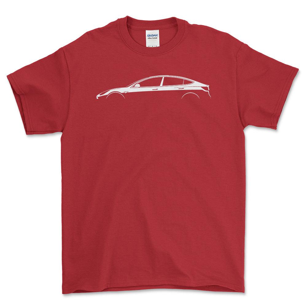 Tesla Model 3 Silhuet - Unisex T-Shirt , Bomuld-Beklædning-Tesla-Rød-S-Forside-Garage Culture Shop- garage - man cave - merchandise