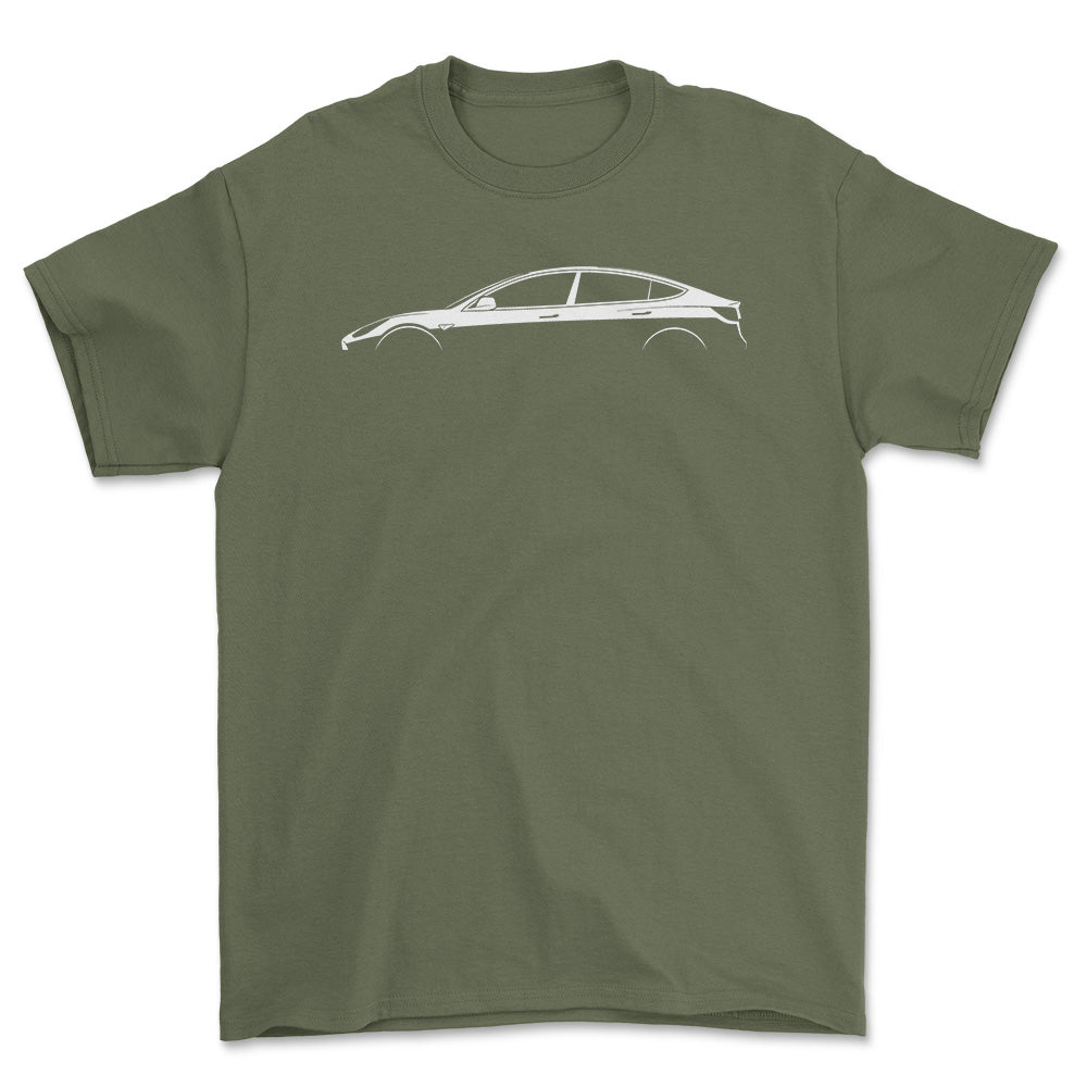 Tesla Model 3 Silhuet - Unisex T-Shirt , Bomuld-Beklædning-Tesla-Grøn Militær-S-Forside-Garage Culture Shop- garage - man cave - merchandise