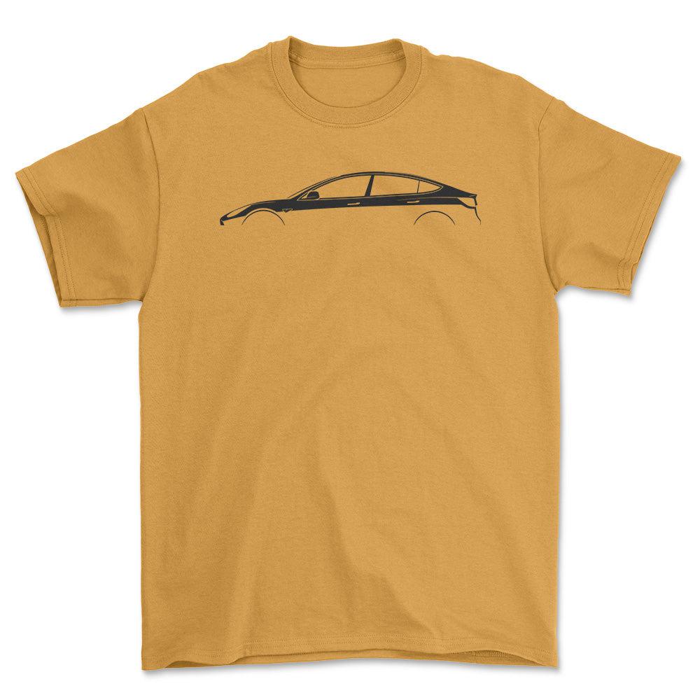Tesla Model 3 Silhuet - Unisex T-Shirt , Bomuld-Beklædning-Tesla-Guld-S-Garage Culture Shop- garage - man cave - merchandise