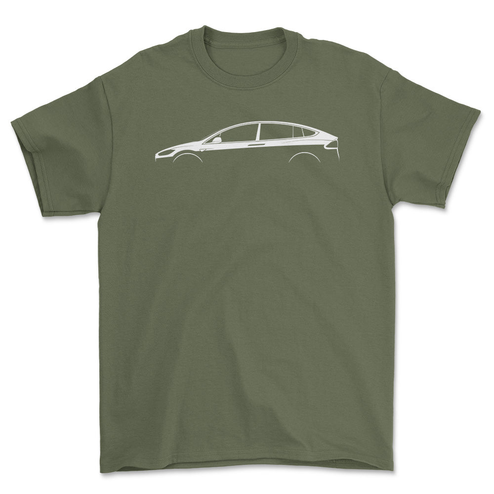 Tesla Model X Silhuet - Unisex T-Shirt , Bomuld-Beklædning-Tesla-Grøn Militær-S-Forside-Garage Culture Shop- garage - man cave - merchandise