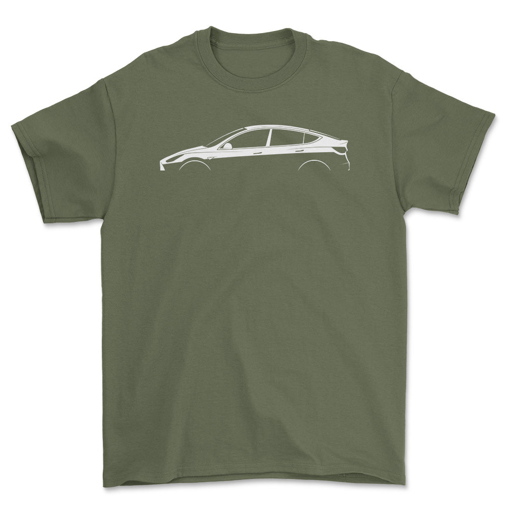 Tesla Model Y Silhuet - Unisex T-Shirt , Bomuld-Beklædning-Tesla-Grøn Militær-S-Forside-Garage Culture Shop- garage - man cave - merchandise