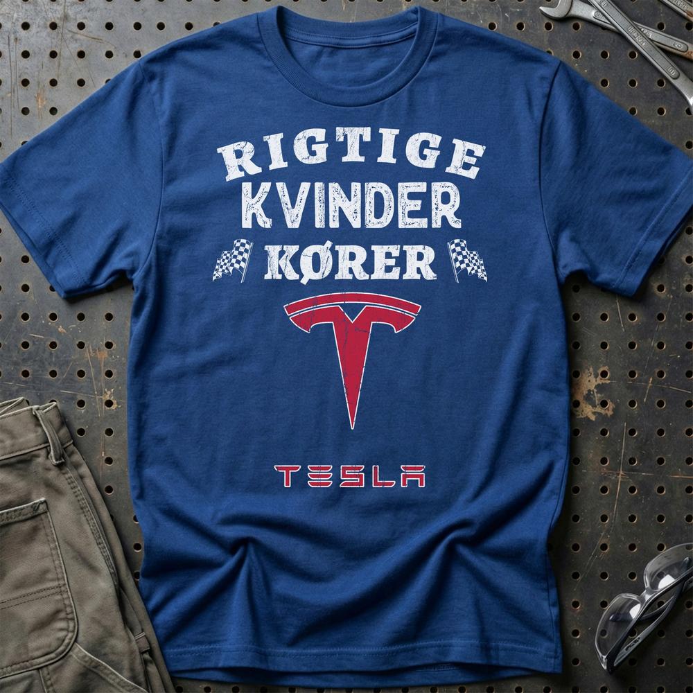Tesla Rigtige Kvinder Kører - Unisex T-Shirt , Bomuld-Beklædning-Tesla-Blå Royal-S-Garage Culture Shop- garage - man cave - merchandise