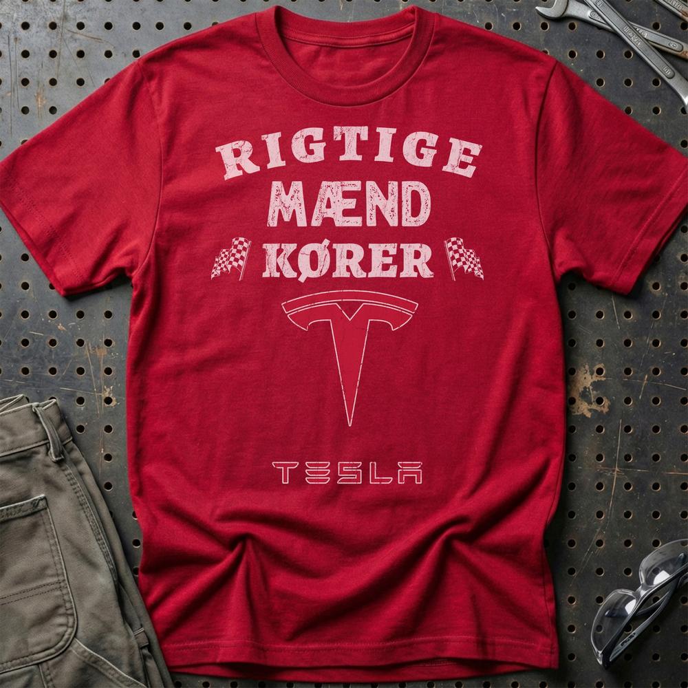 Tesla Rigtige Mænd Kører T-Shirt-Beklædning-Tesla-Rød-S-Garage Culture Shop- garage - man cave - merchandise