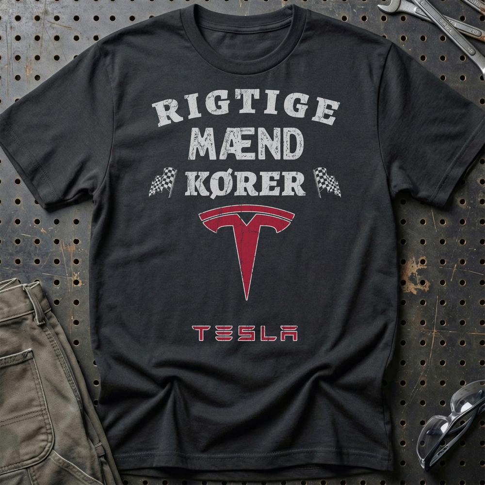 Tesla Rigtige Mænd Kører T-Shirt-Beklædning-Tesla-Sort-S-Garage Culture Shop- garage - man cave - merchandise