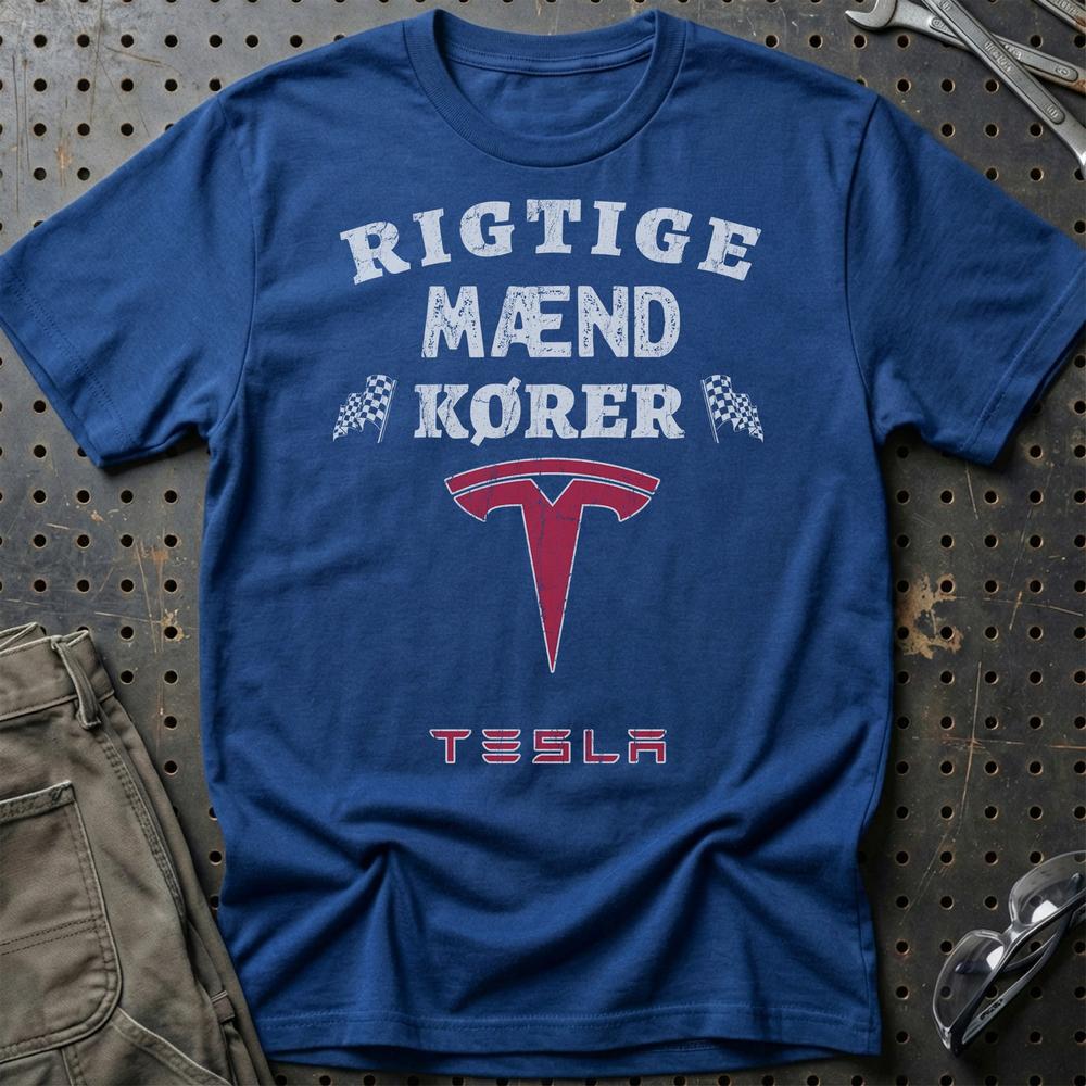Tesla Rigtige Mænd Kører - Unisex T-Shirt , Bomuld-Beklædning-Tesla-Blå Royal-S-Garage Culture Shop- garage - man cave - merchandise
