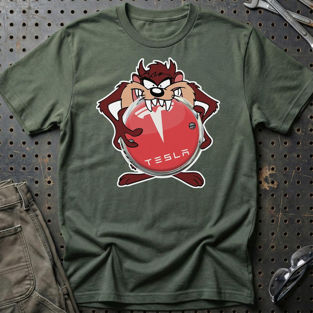 Tesla TAZ Unisex T-Shirt , Bomuld-Beklædning-Tesla-Grøn Militær-S-Garage Culture Shop- garage - man cave - merchandise